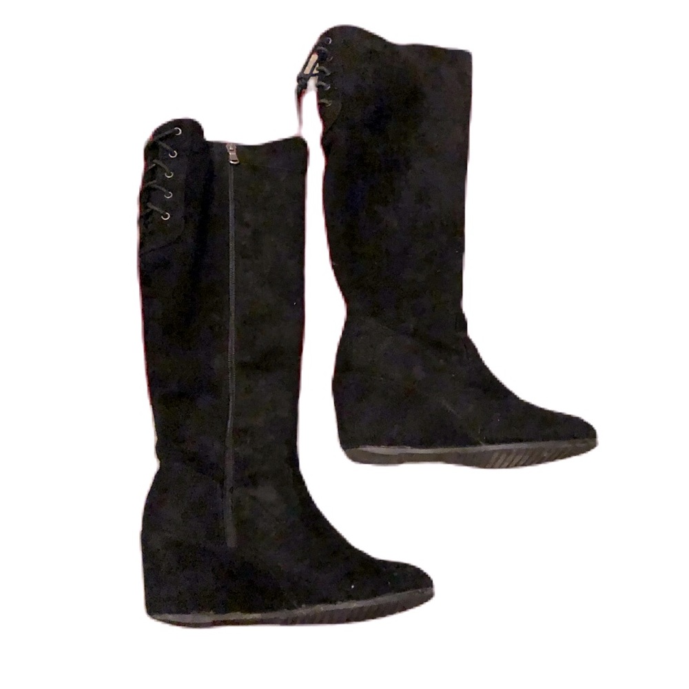 K studio black faux suede laced up lined wedge tall boots size 6